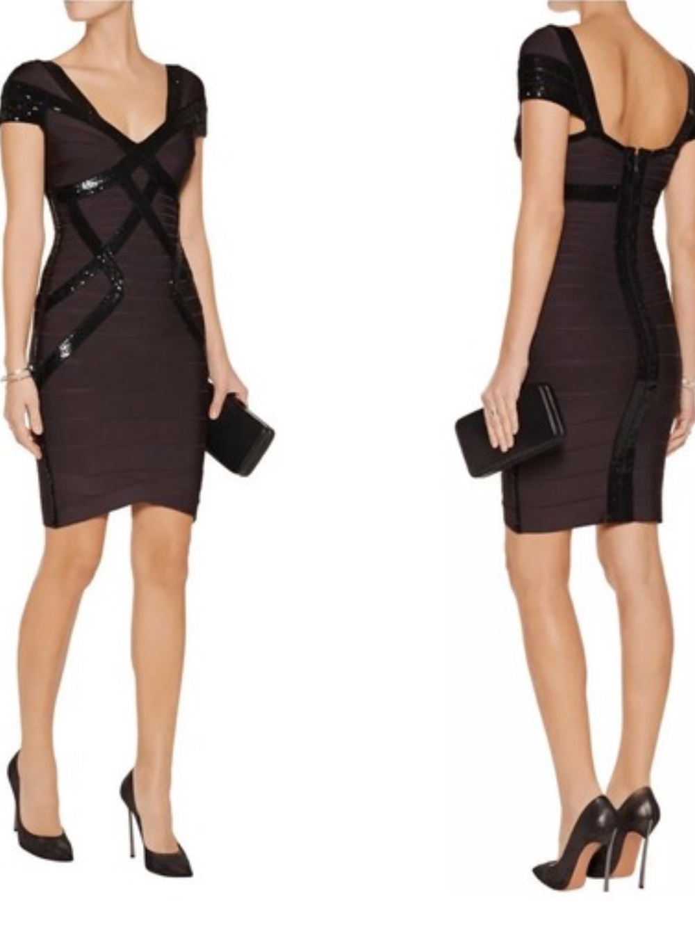 Herve Leger Grey Black Sequin Embellished Cap Sleeve Bandage Dress Size M